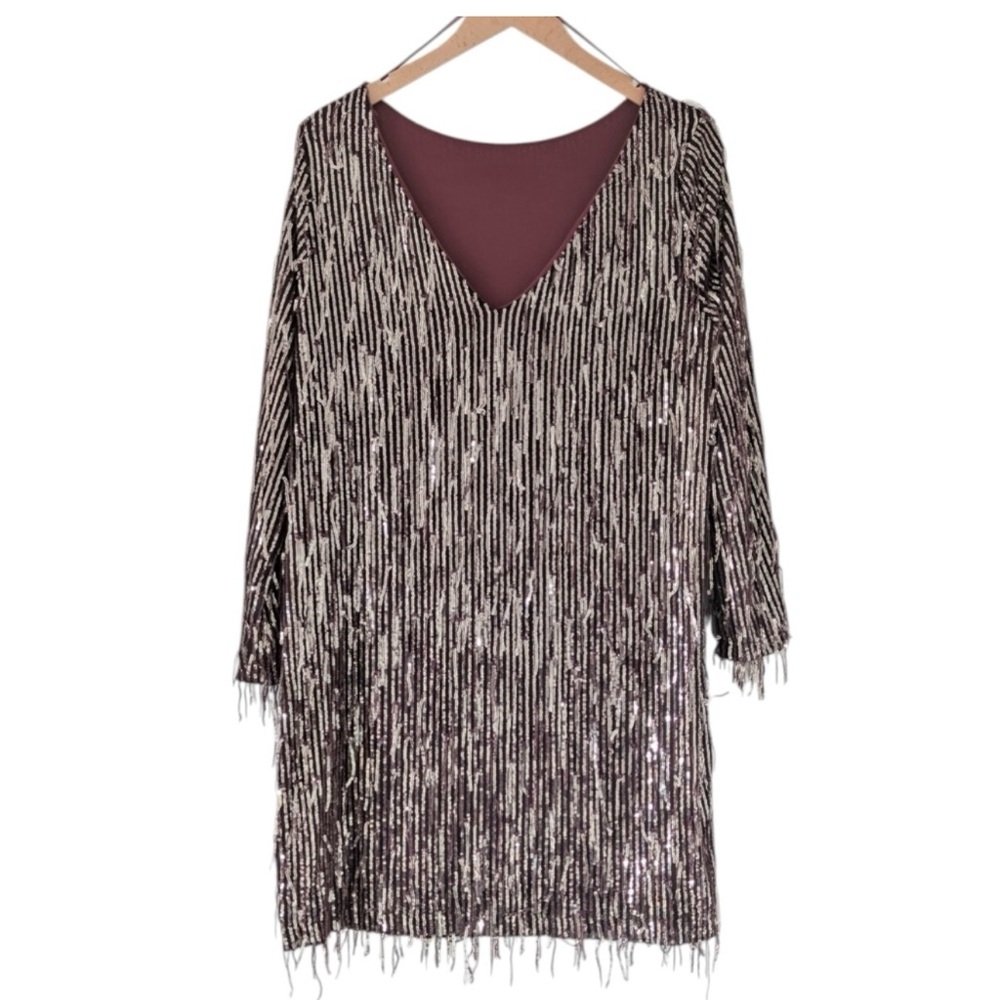 Zara Sequined Fringe Burgundy Mini Dress Size Large - Picture 4 of 6